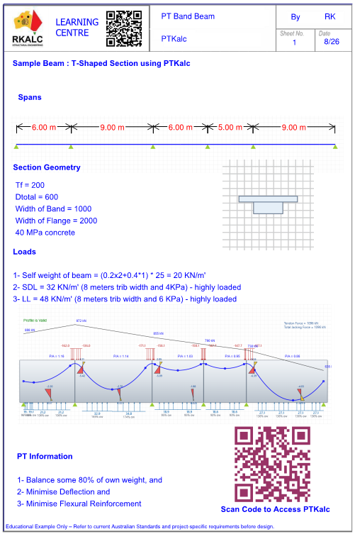 PTKalc five-span post-tensioned band beam analysis and design walkthrough