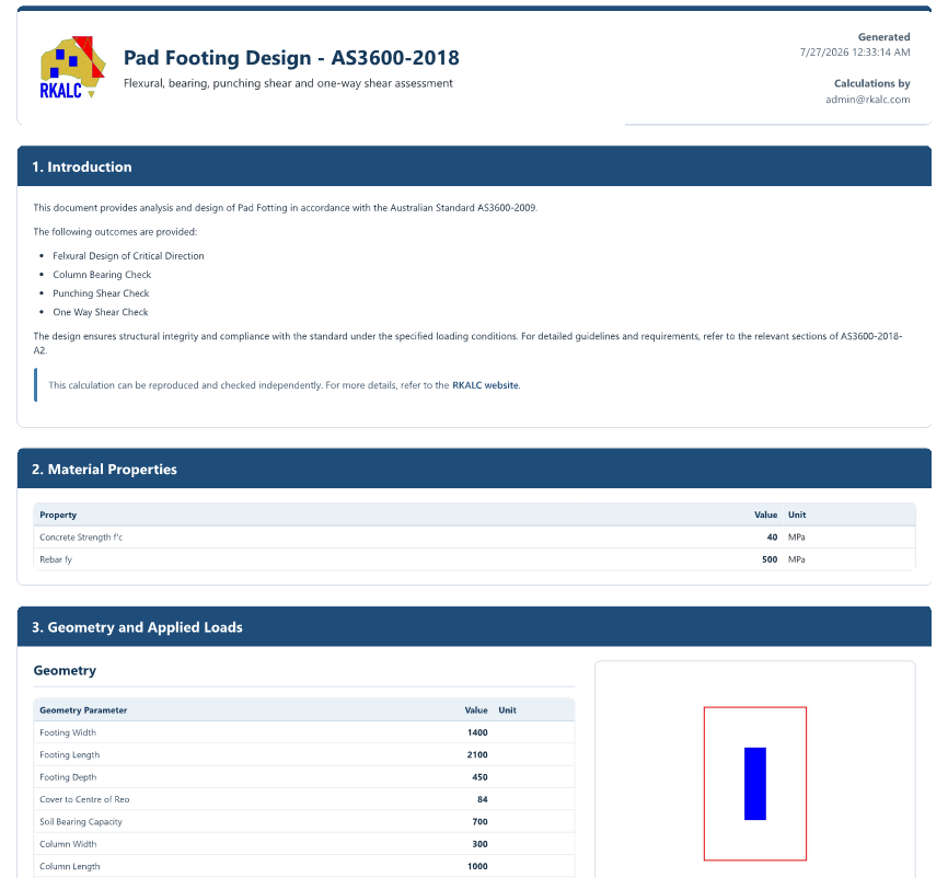RKALC conventional pad footing report