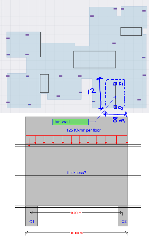 Plan and elevation of the twenty-storey shear wall supported on two columns