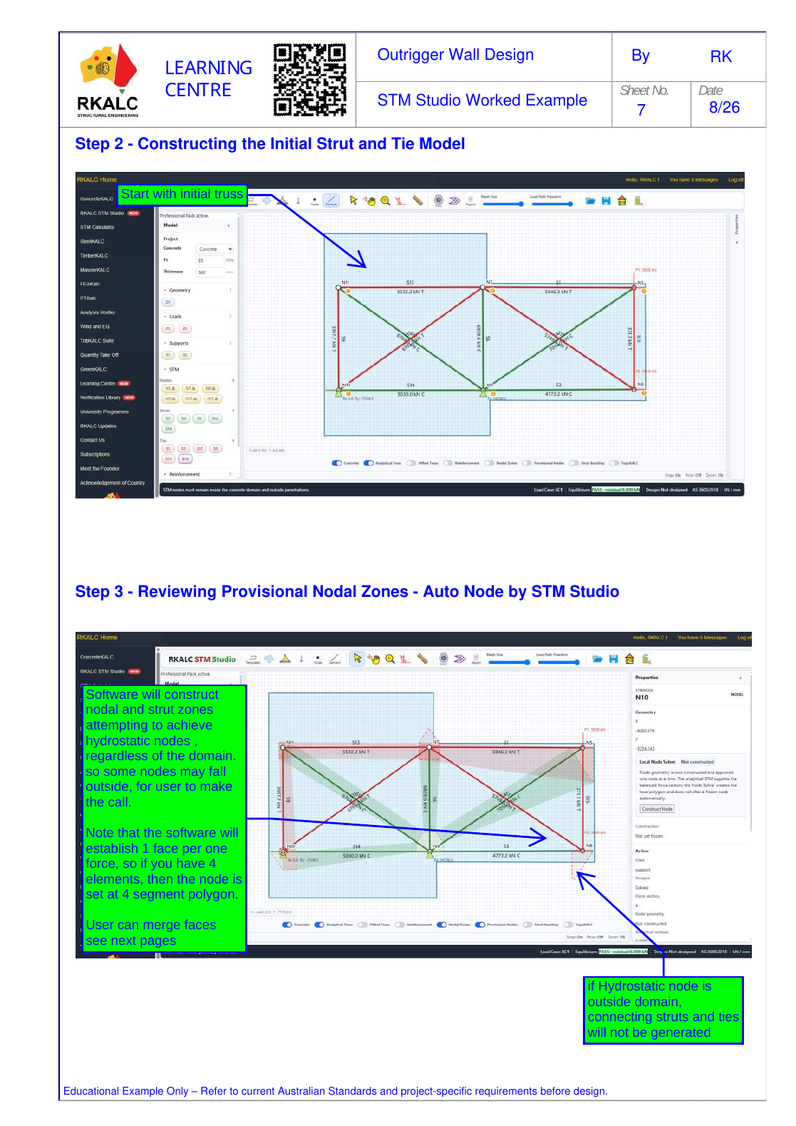 STM Studio initial strut-and-tie model and provisional nodal zones
