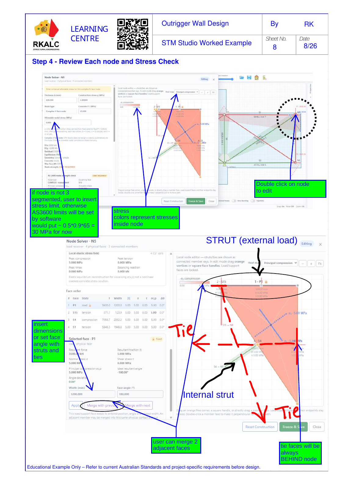 STM Studio nodal-zone editor showing member faces, loads, ties and stress colours