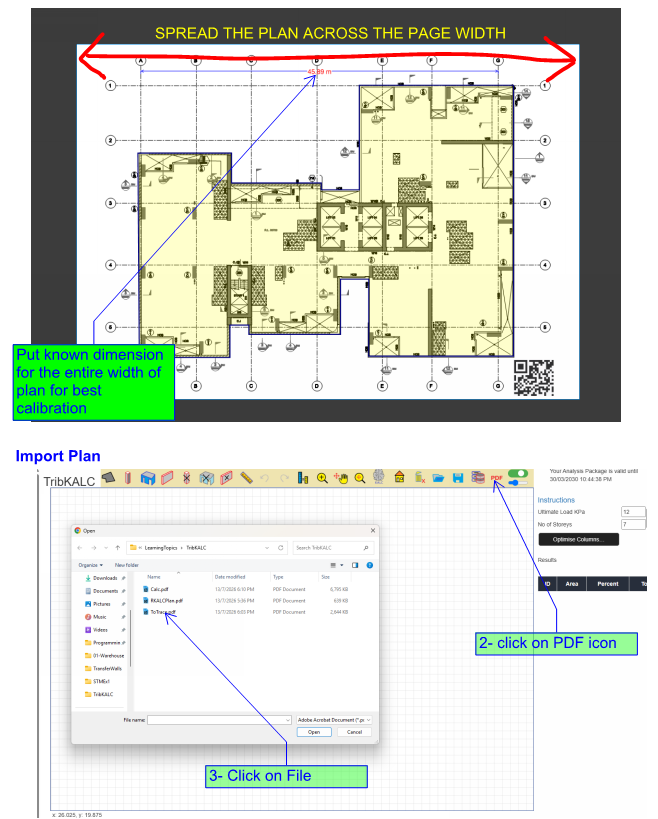Plan preparation and PDF import steps in TribKALC