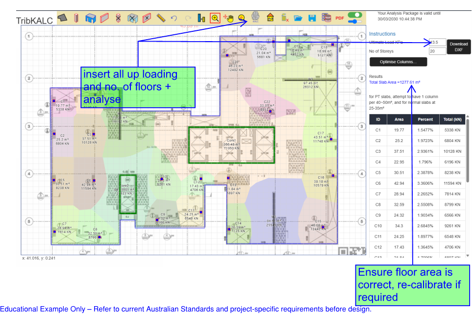 TribKALC coloured tributary areas and column load results