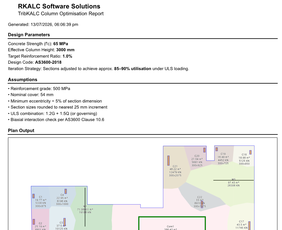 TribKALC column optimisation report showing design parameters and plan output