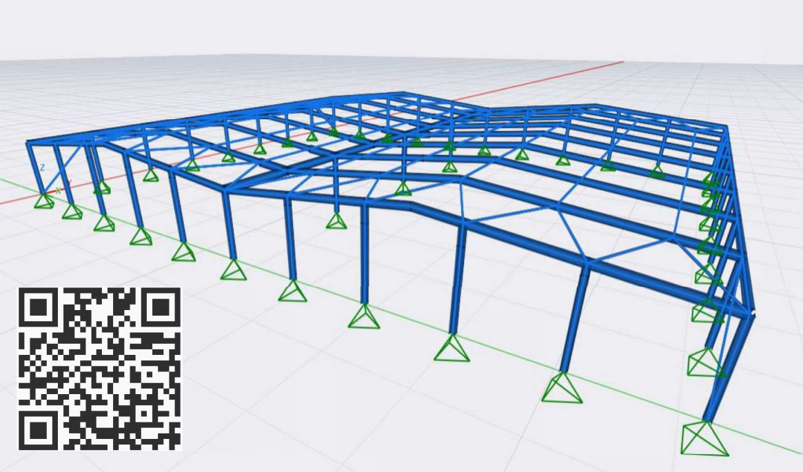 FeaKALC 3D model of a twin-portal-frame steel warehouse