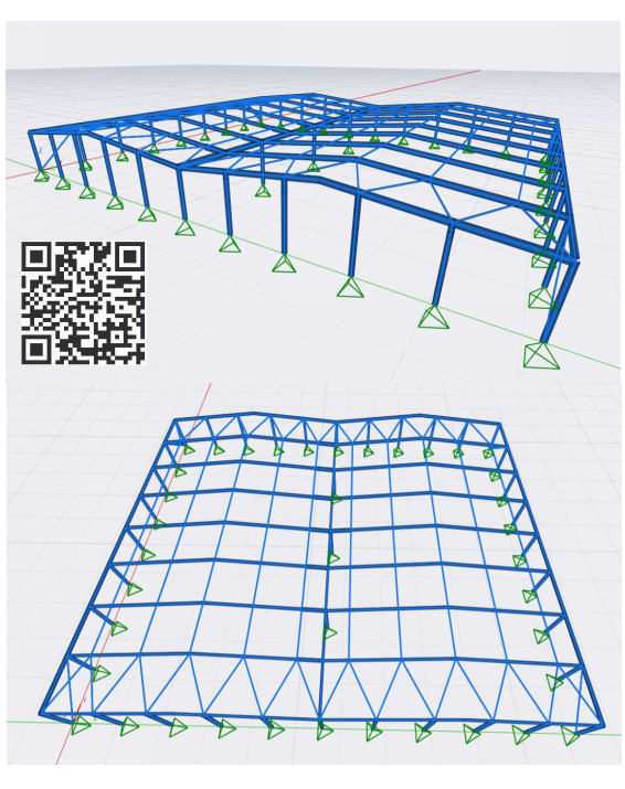 FeaKALC 3D structural model of a twin-portal-frame steel warehouse