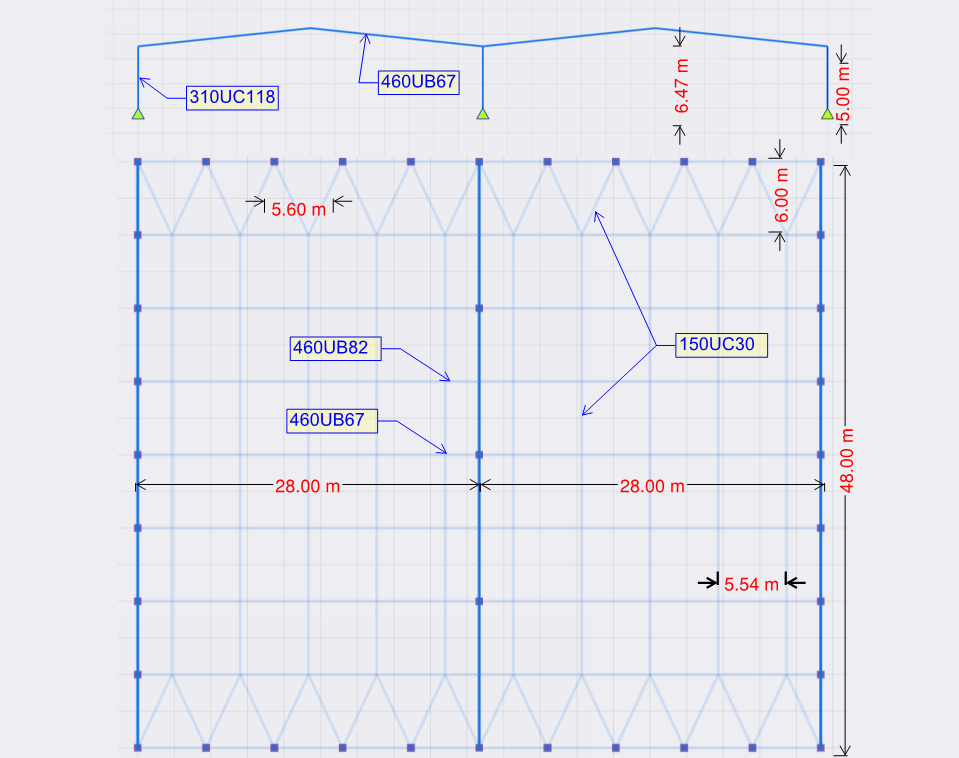 Warehouse plan and portal-frame geometry showing two 28 metre spans and 48 metre building length