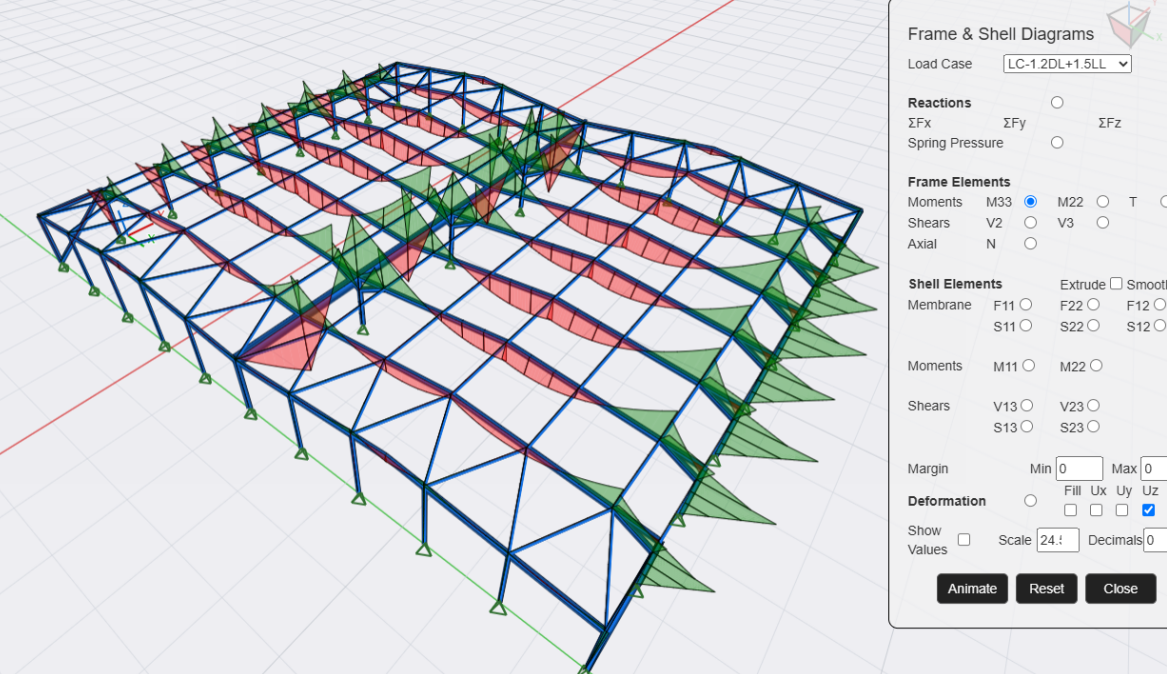 FeaKALC 3D warehouse analysis result showing bending moment and axial force diagrams