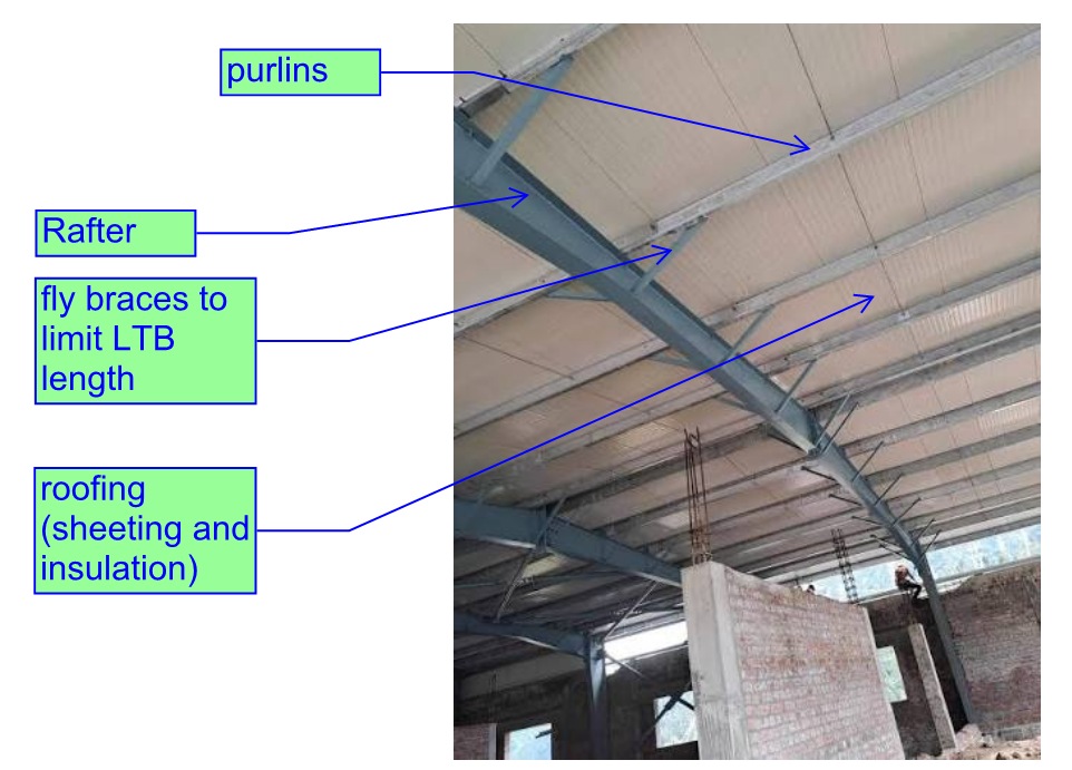 Warehouse rafter showing purlins and fly braces providing lateral restraint
