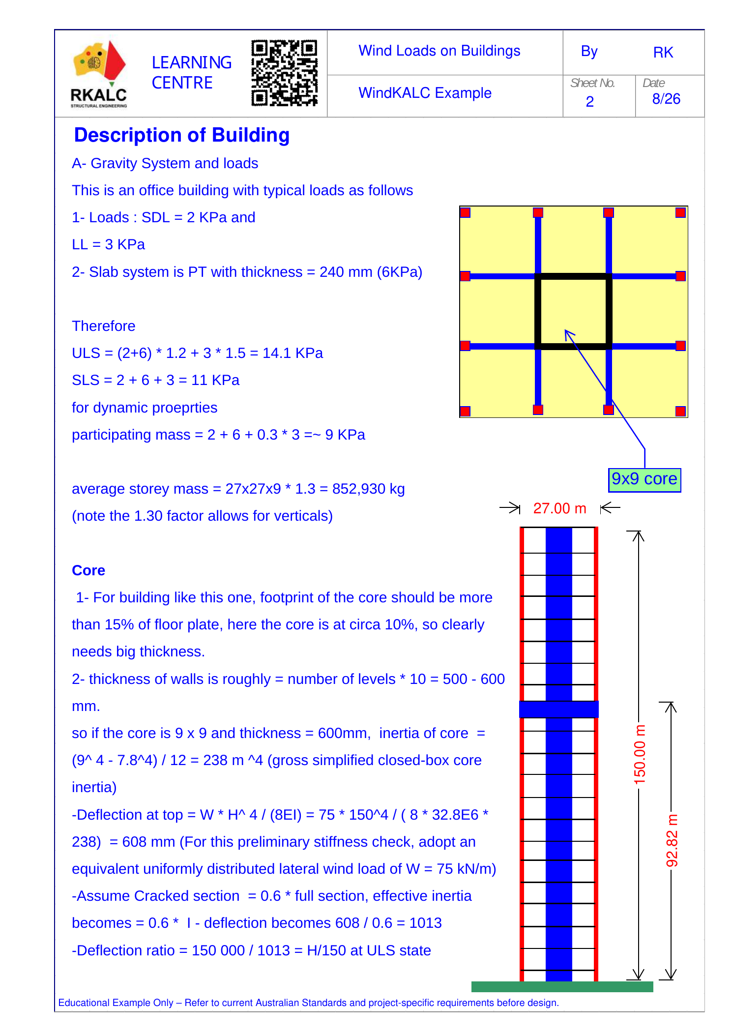 Worked example page describing floor loads, participating mass, central core dimensions and preliminary core stiffness