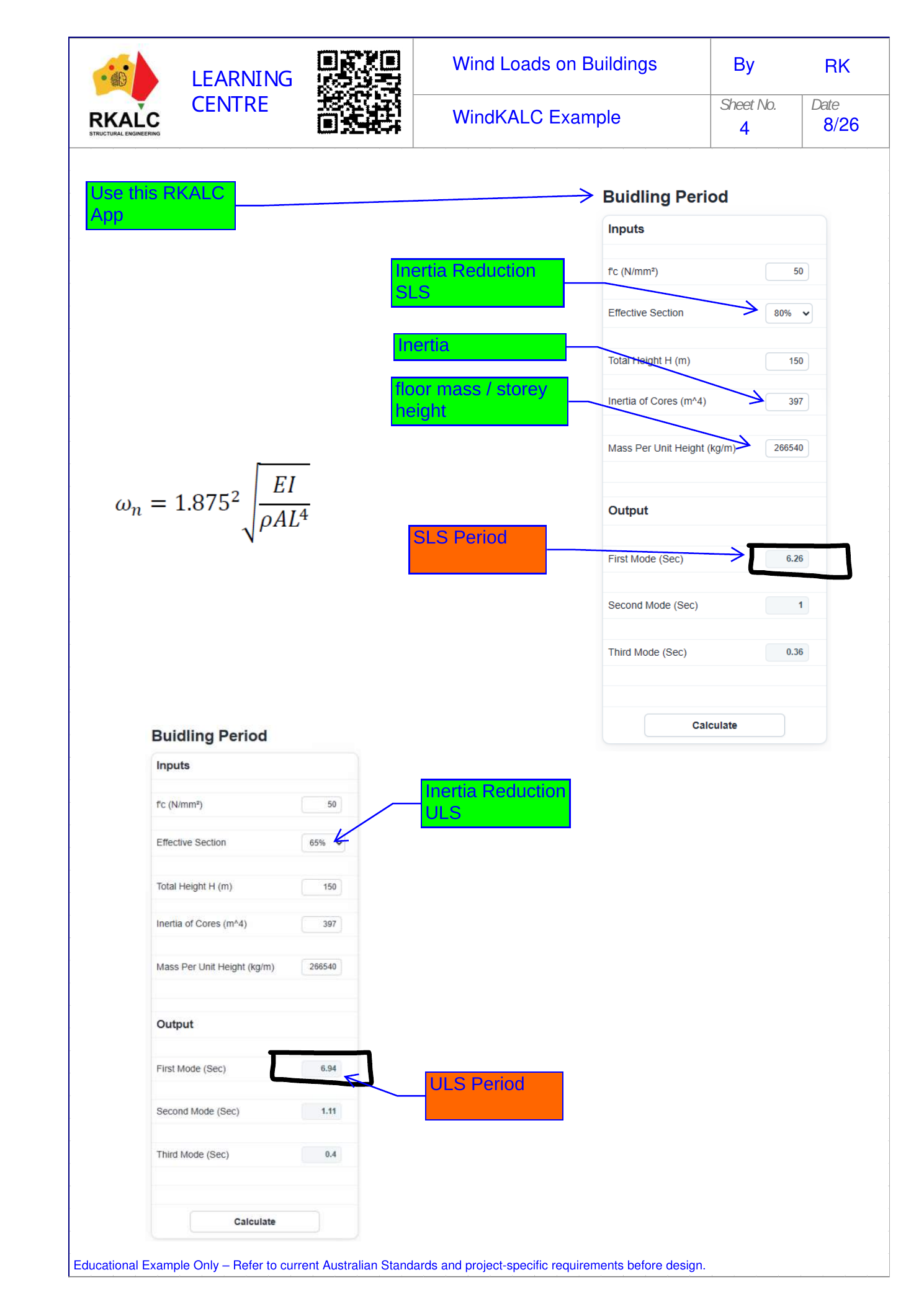 RKALC building period tool showing separate SLS and ULS effective section inputs and first-mode periods