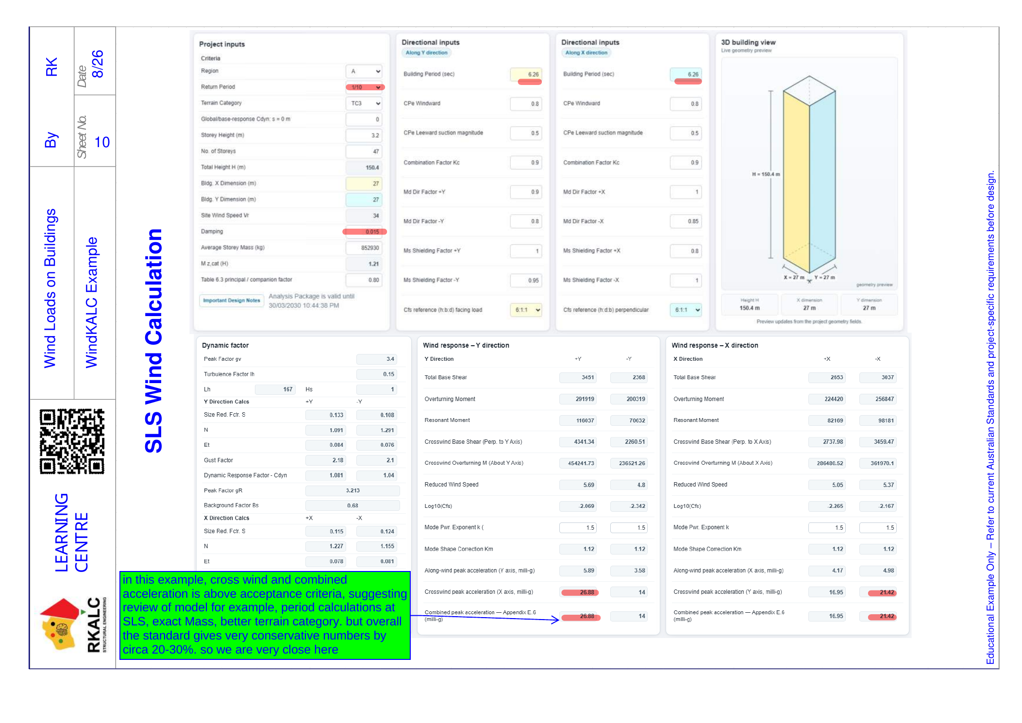 WindKALC Advanced SLS calculation showing serviceability wind response and highlighted cross-wind and combined accelerations