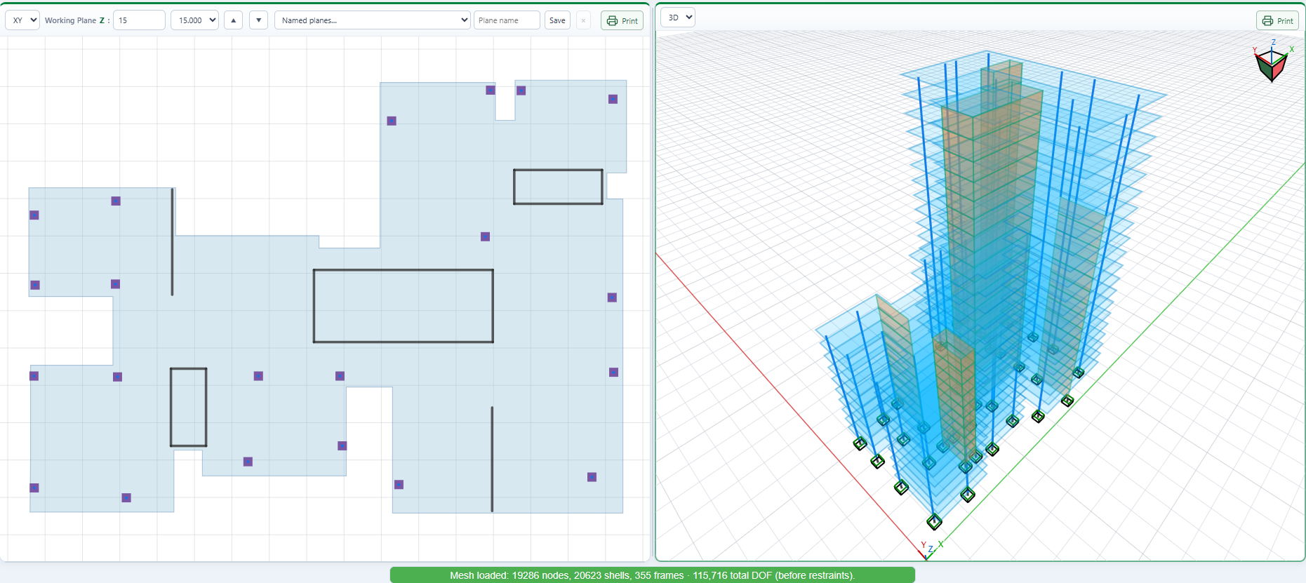 FEAKalc 3D concrete building model for modal analysis verification against ETABS