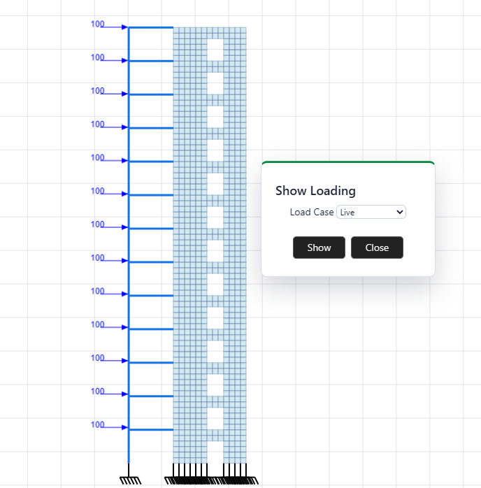 FEAKalc 3D thirteen-storey coupled shear wall benchmark under horizontal loading