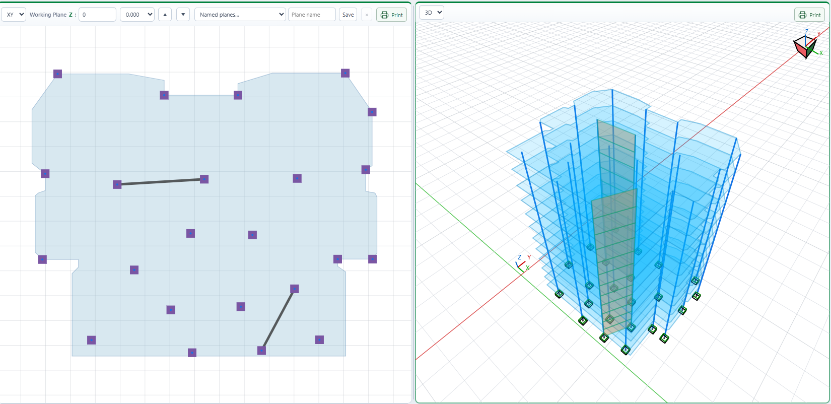 FEAKalc 3D concrete building used for response-spectrum verification against ETABS